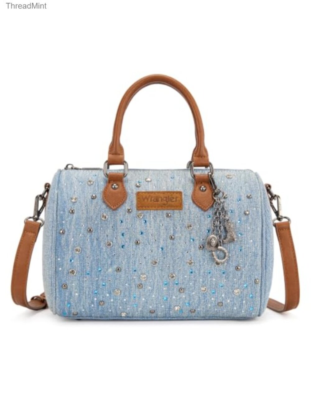 Denim Barrel Satchel Purse with Rhinestones Crossbody Bag Y2K